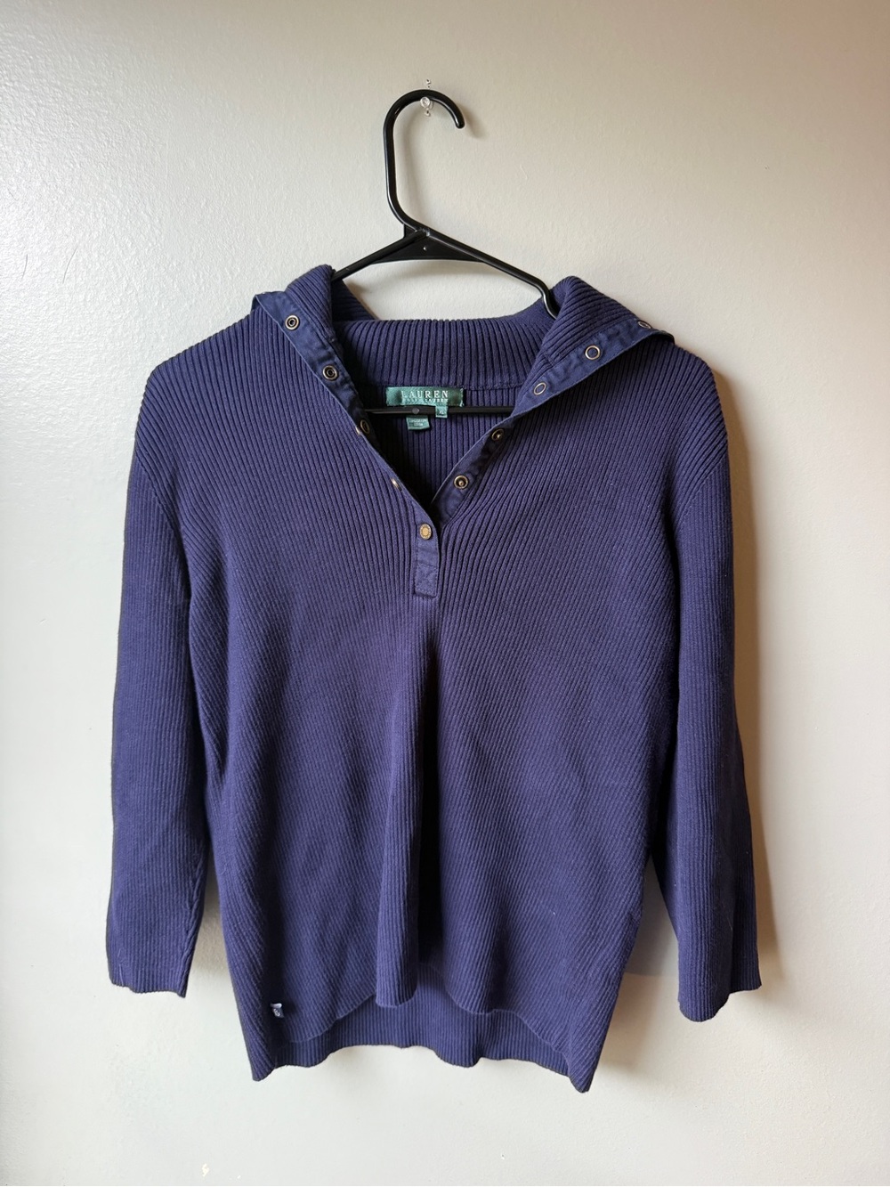 Lauren Ralph Lauren Navy Blue Ribbed Cotton Snap Neck Sweater XL